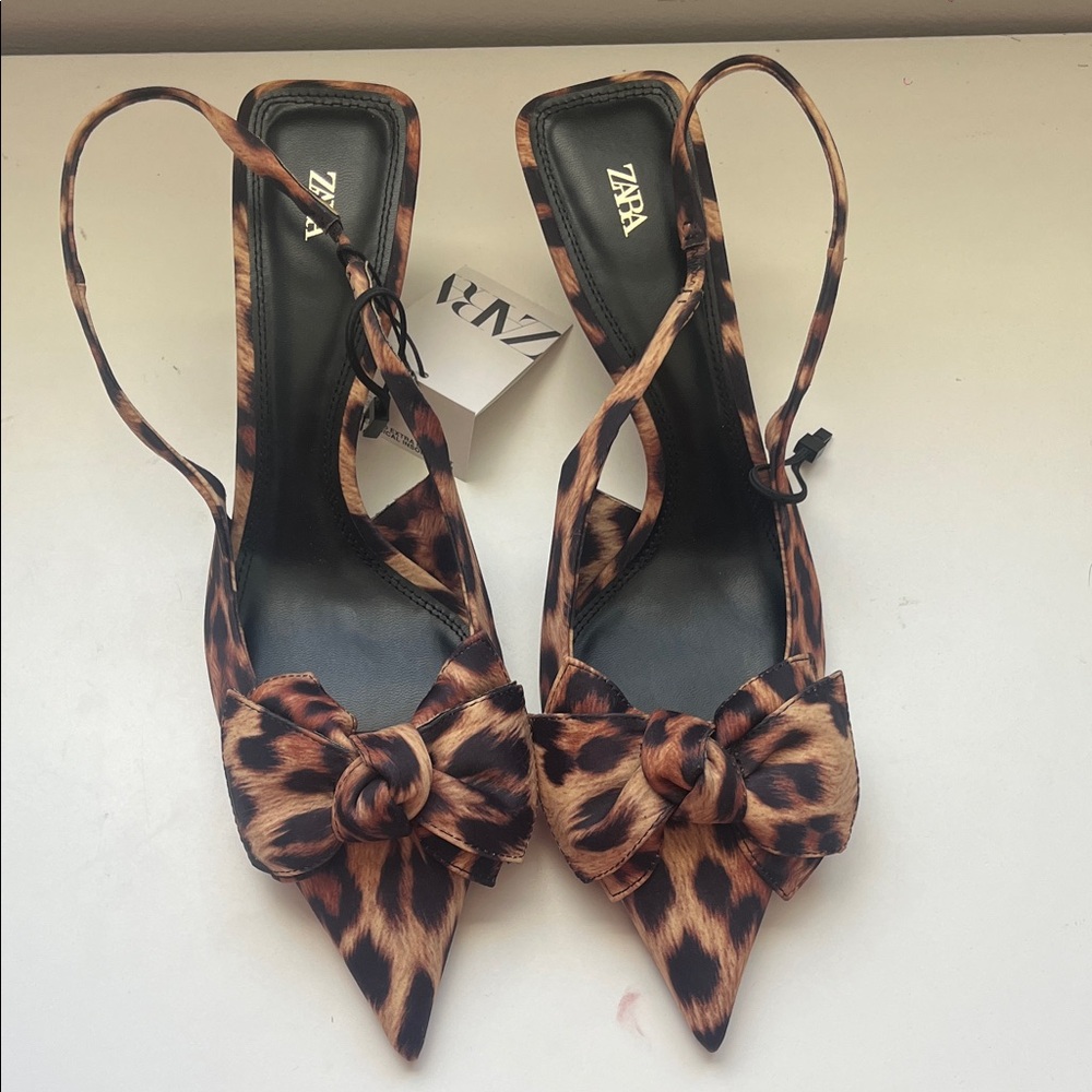 ZARA Leopard-Print Pointed Toe Slingback Heels with Knot Bow